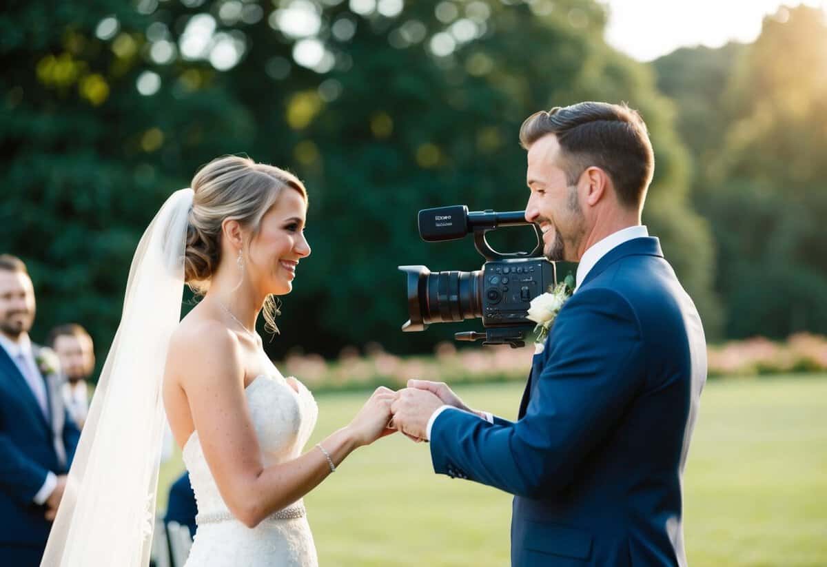 A videographer capturing a bride and groom exchanging vows at a wedding ceremony