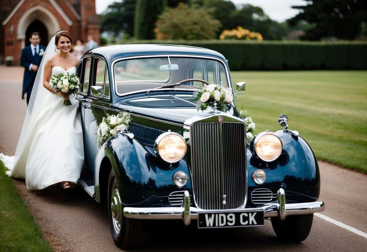 A vintage car drives the bride to the church, adorned with flowers and ribbons