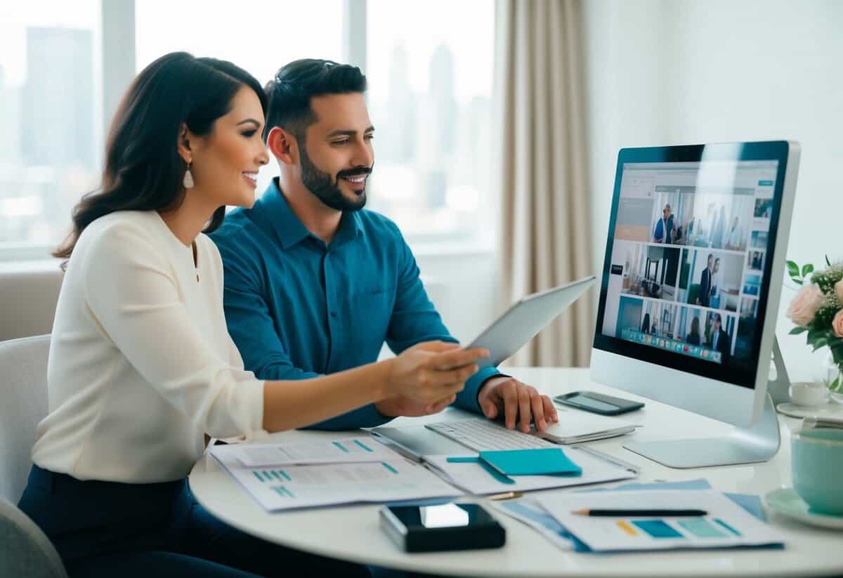A couple seated at a table, surrounded by wedding planning materials. They are looking at a computer screen, discussing whether to hire a videographer