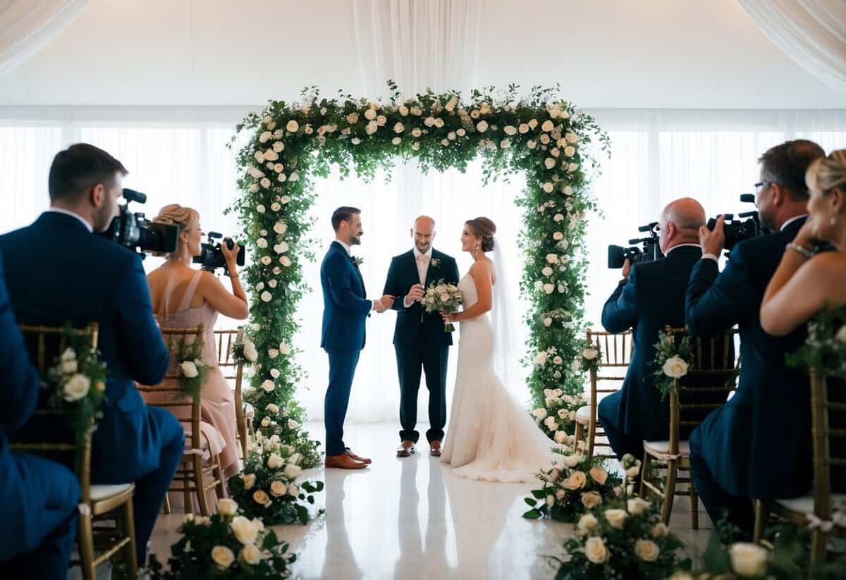 A wedding ceremony with two videographers capturing the cinematic experience and creative storytelling