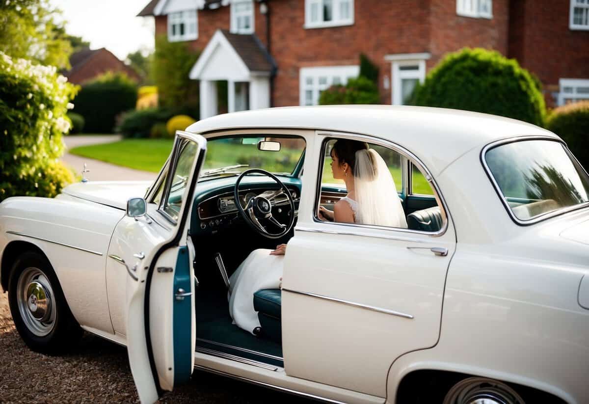 A vintage car parked outside the bride's home, with the driver holding the door open for her to step inside