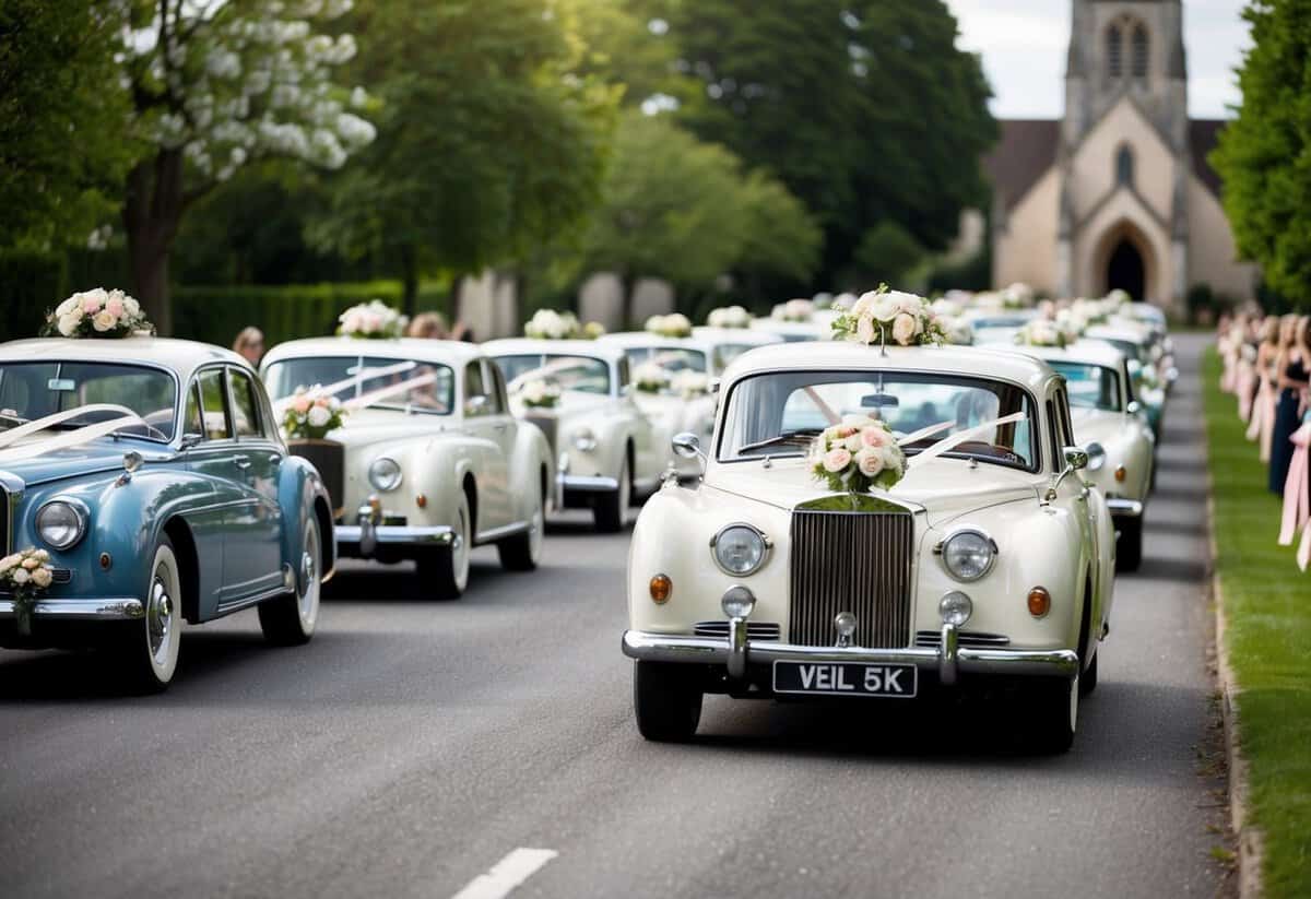 A vintage car leads the way, followed by a line of elegant vehicles, all adorned with flowers and ribbons, as they make their way to the church