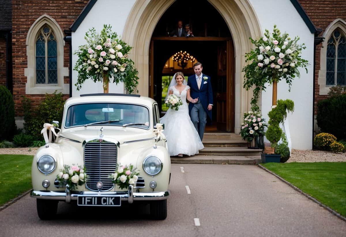 A vintage car pulls up to the church entrance, adorned with flowers and ribbons, as the bride steps out in her elegant gown