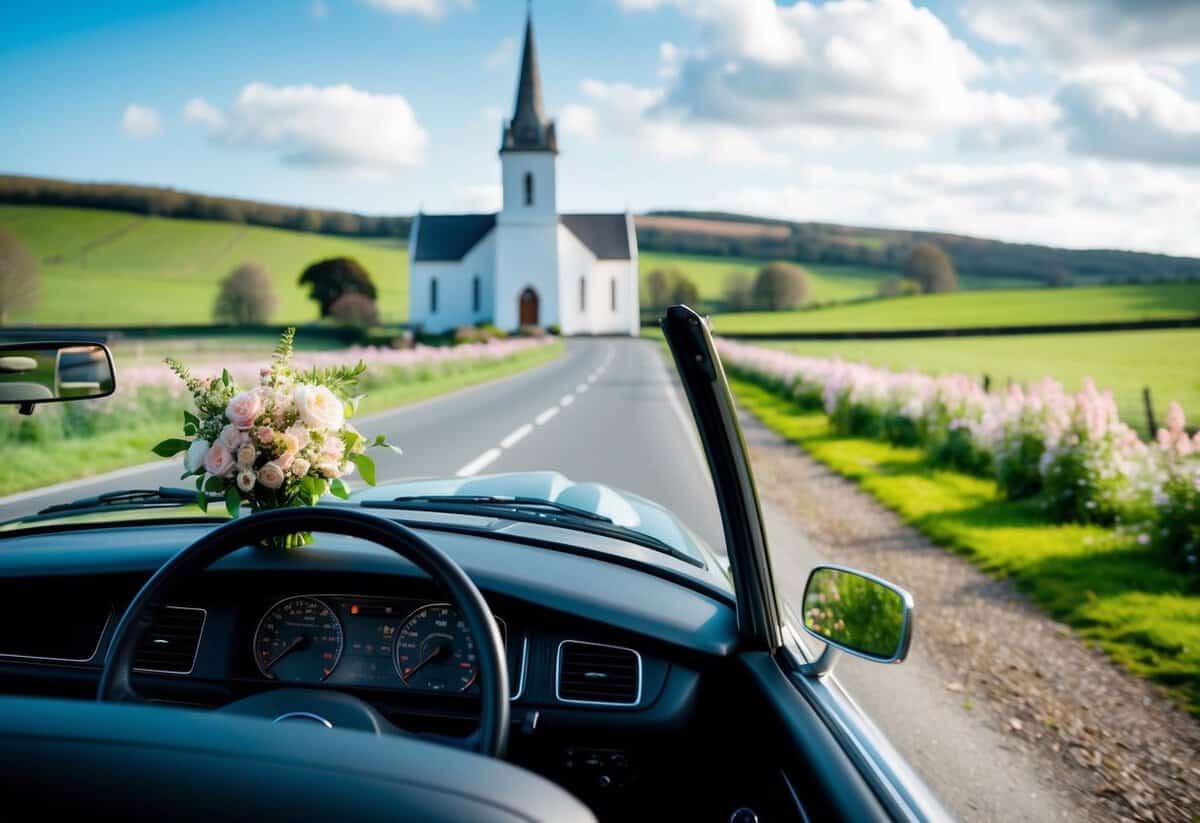 A car with a bouquet on the dashboard drives towards a church, passing through a scenic countryside with rolling hills and blooming flowers