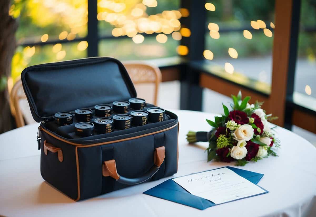 A camera bag filled with rolls of film, a table with a wedding invitation, and a bouquet of flowers