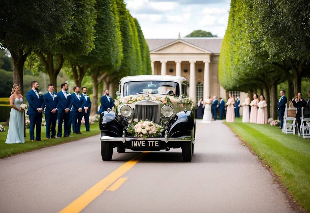 A vintage car decorated with flowers drives down a tree-lined road towards a grand venue. Guests watch from the entrance as the vehicle approaches