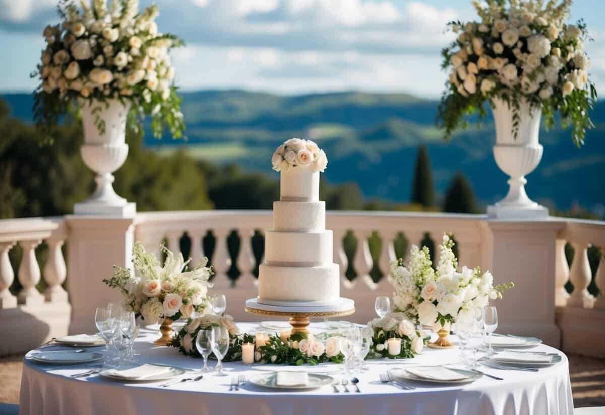 A lavish wedding setup with elegant decor, floral arrangements, and a grand cake, set against a picturesque backdrop
