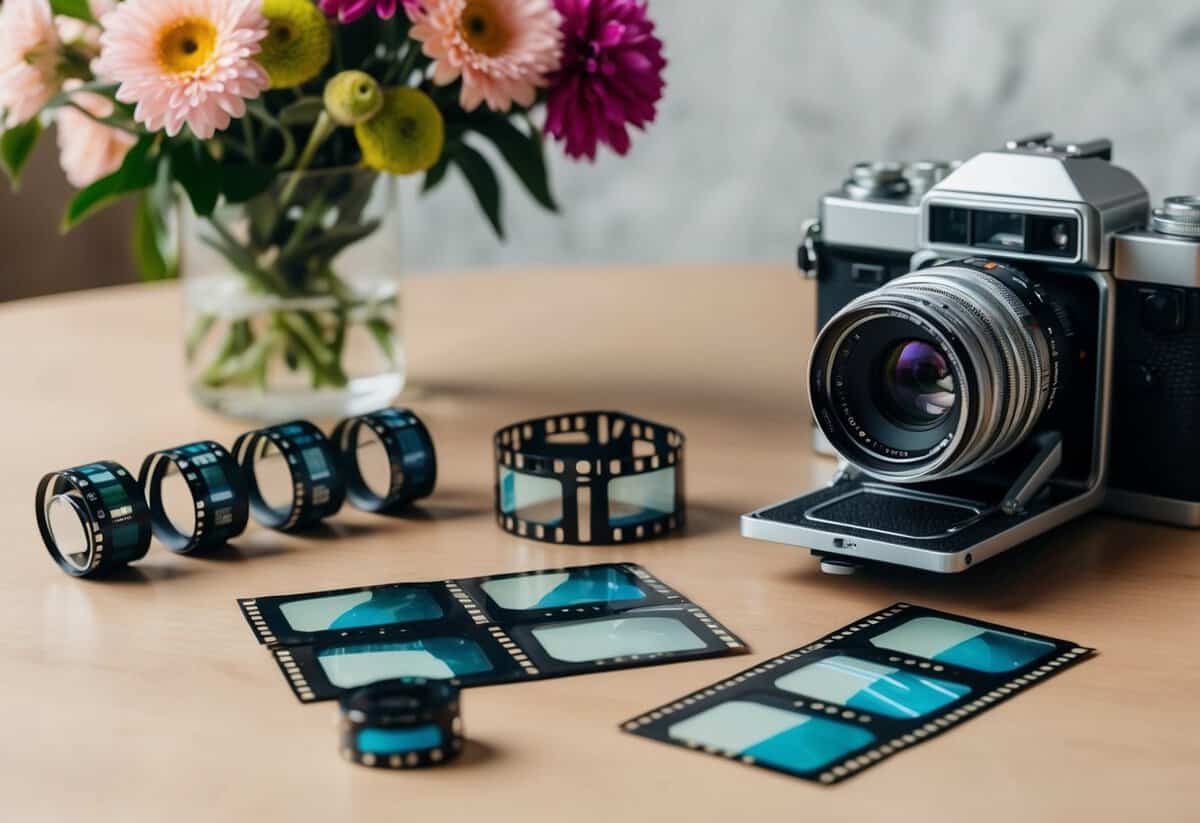 A table with multiple rolls of film, a vintage camera, and a bouquet of flowers