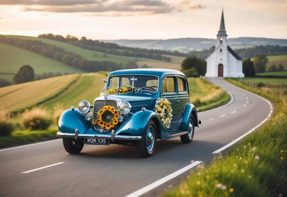 A vintage car adorned with flowers drives through a scenic countryside, passing by rolling hills and a picturesque chapel