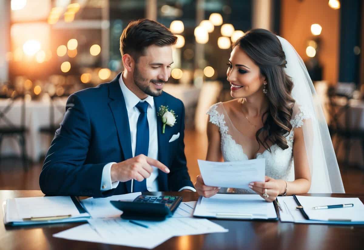 A couple sits at a table with papers and calculators, discussing wedding expenses