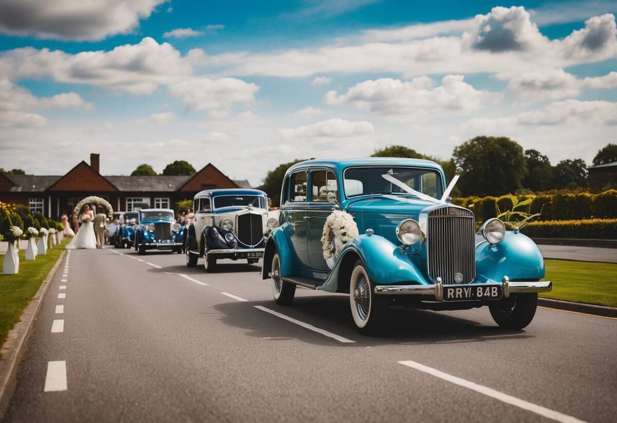 A vintage car leads a procession of decorated vehicles to a wedding venue