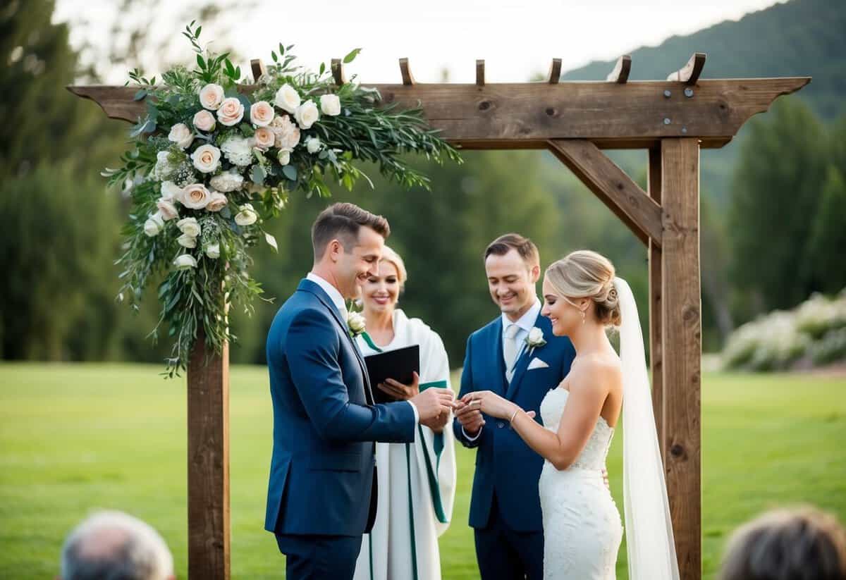 A rustic outdoor venue with a wooden arch adorned with flowers. A bride and groom stand beneath, dressed in elegant attire, exchanging rings