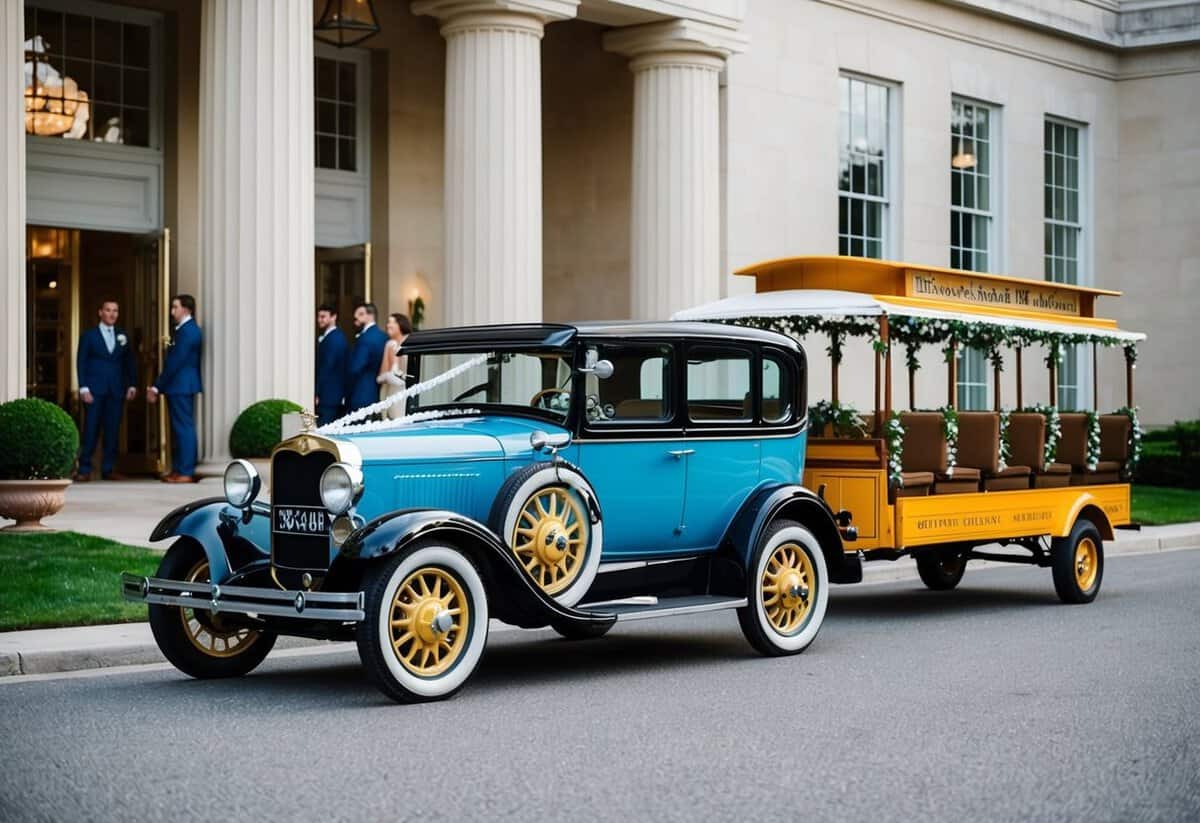 A vintage car and a decorated trolley wait outside a grand venue, ready to transport wedding guests to the reception