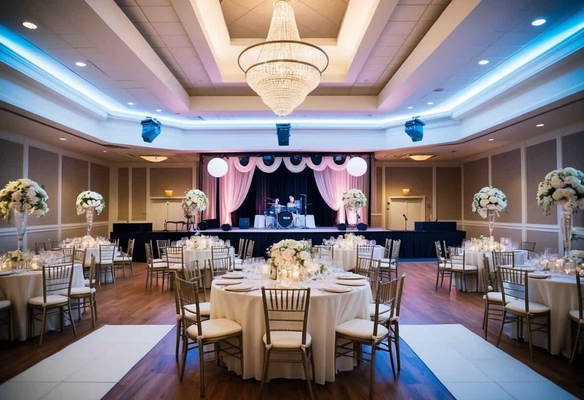 A beautifully decorated wedding venue with tables set for a reception, a dance floor, and a stage for live entertainment