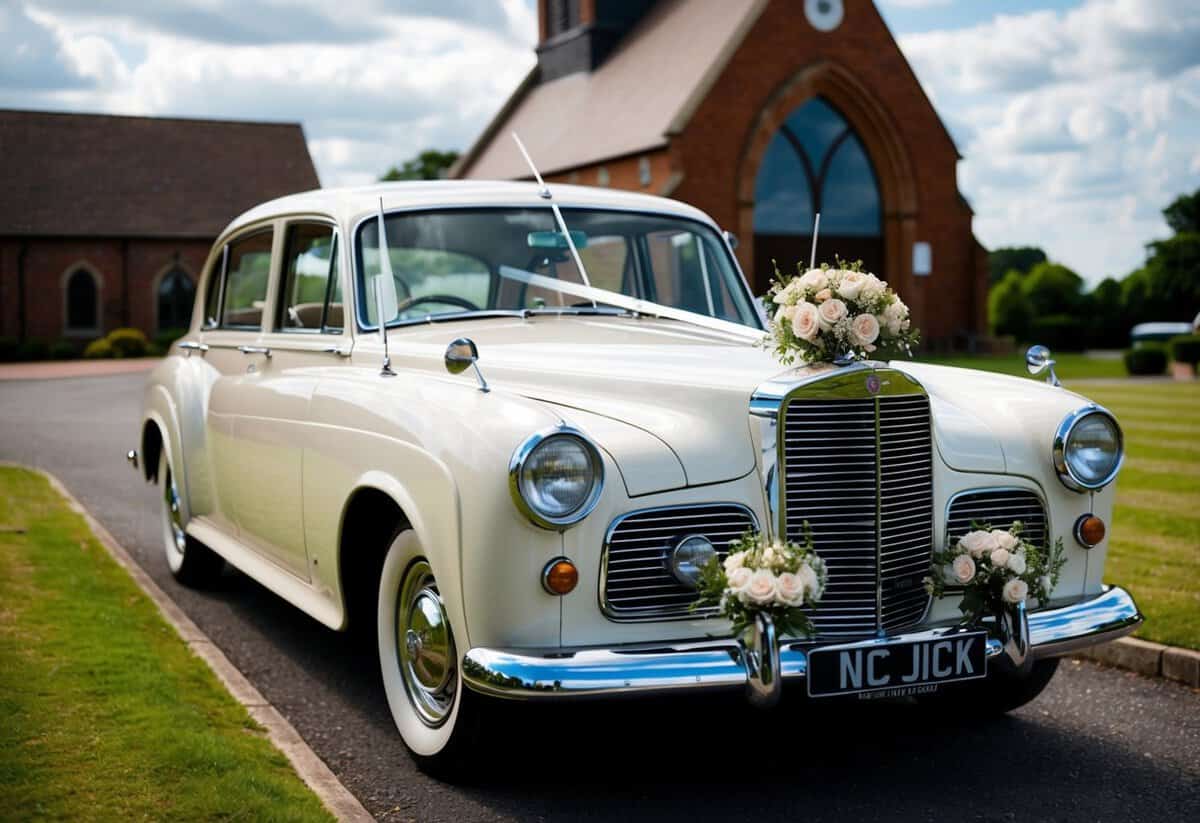A vintage car adorned with flowers and ribbons waits outside a church, ready to transport the newlyweds to their reception venue
