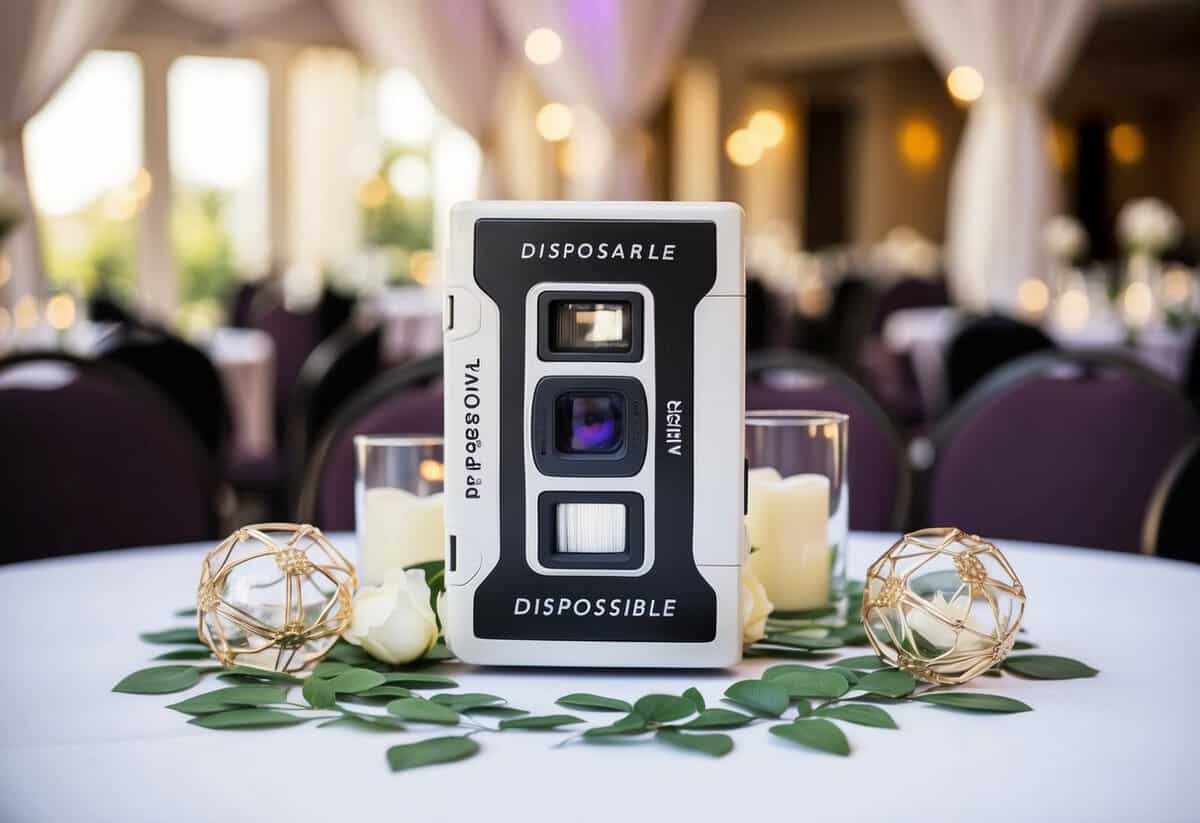 A disposable camera surrounded by wedding decorations on a table, with a beautiful venue in the background