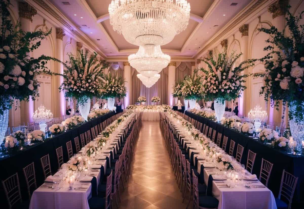 A grand ballroom filled with opulent floral arrangements, sparkling chandeliers, and a lavish banquet spread, all contributing to the extravagant cost of a UK wedding
