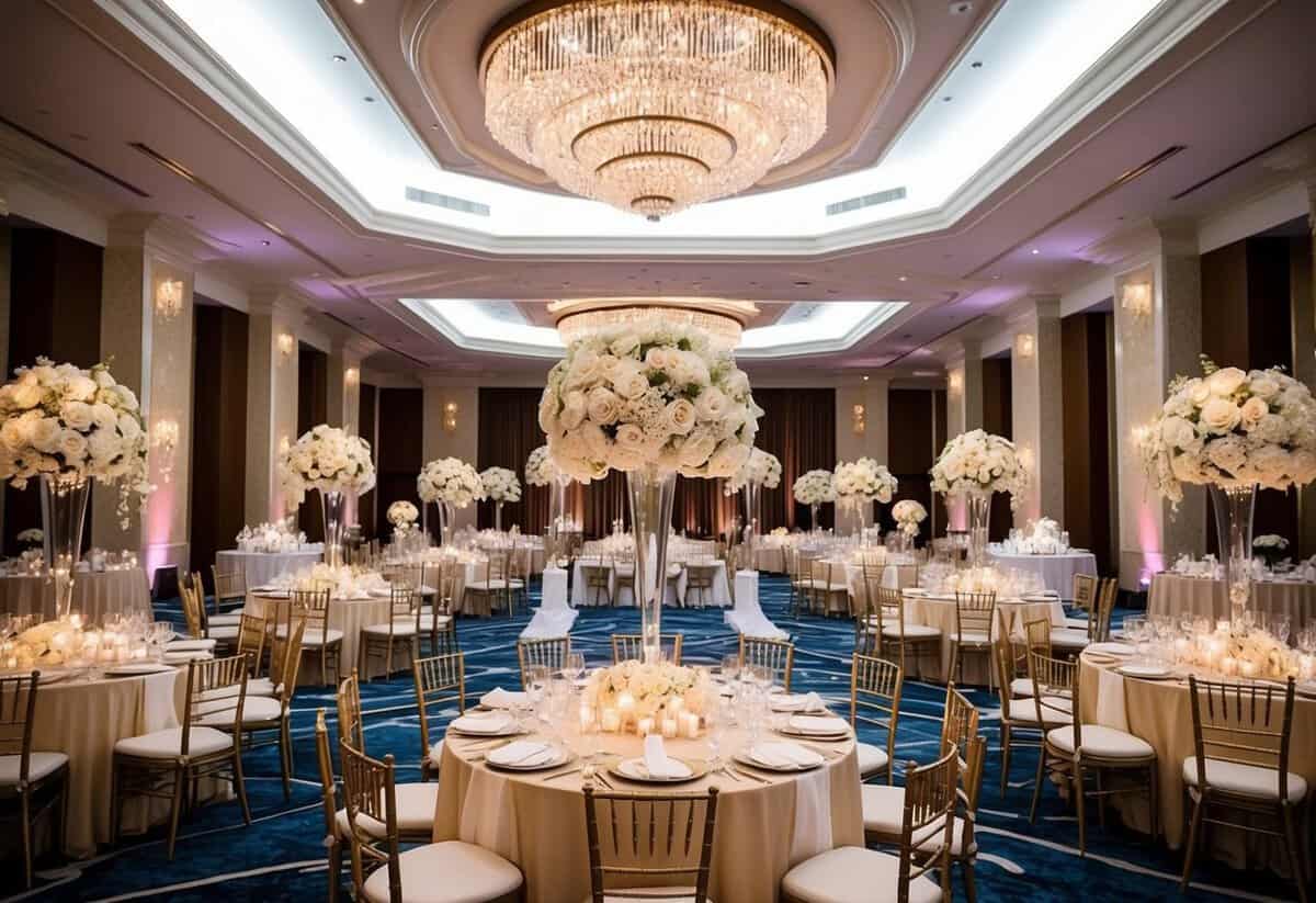 A lavish wedding venue with grand decorations and a luxurious banquet set-up