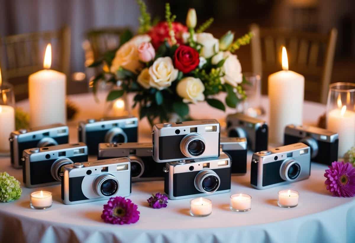 Disposable cameras scattered on a decorated wedding table, surrounded by flowers and candles
