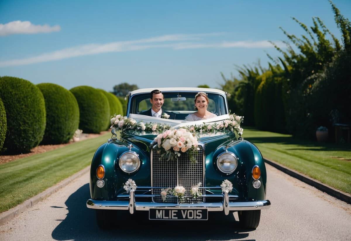 A newlywed couple rides in a vintage car decorated with flowers, driving away from their wedding venue. The car is surrounded by lush greenery and a clear blue sky