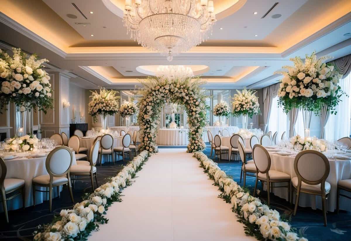 A lavish wedding venue with opulent decor and exquisite floral arrangements, showcasing the most expensive part of a UK wedding