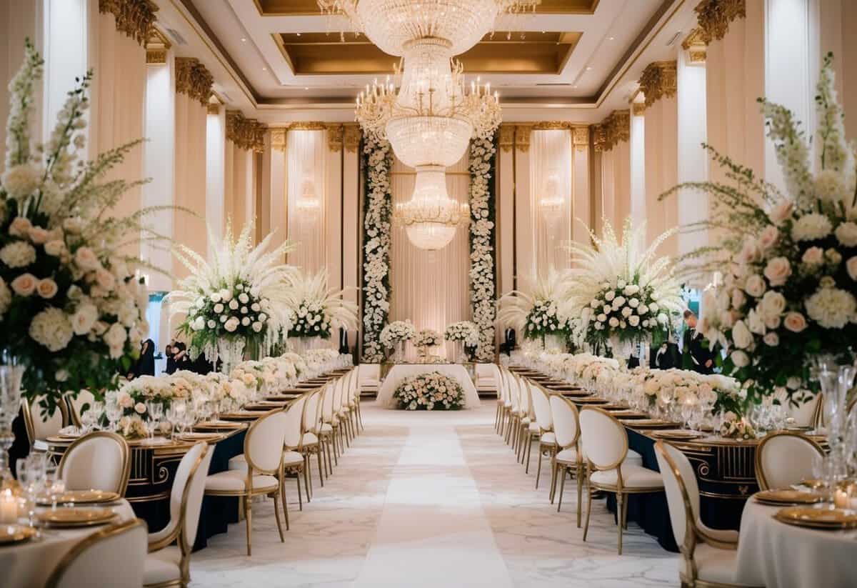 A lavish wedding venue with opulent decorations and extravagant floral arrangements, surrounded by luxurious transportation and high-end catering