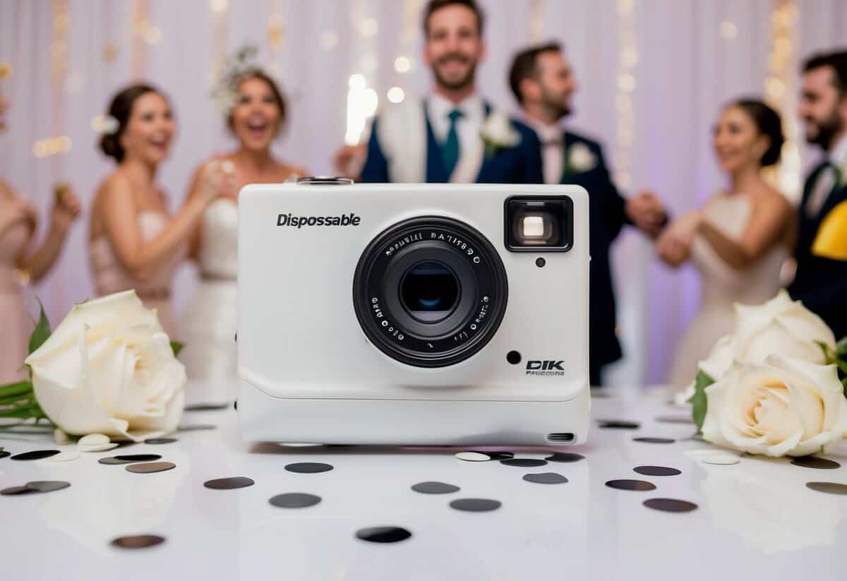 A disposable camera surrounded by wedding decorations and confetti, with a joyful atmosphere captured in the background