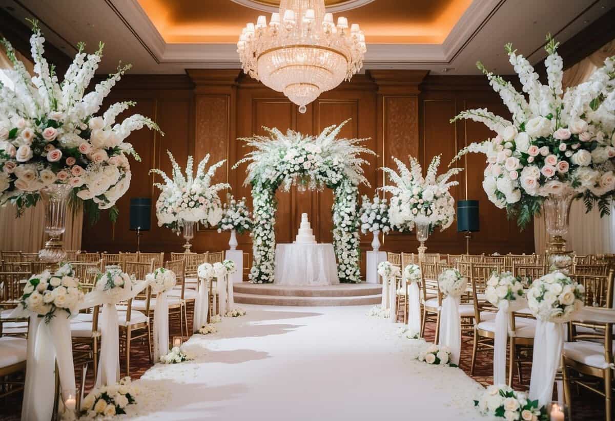 A grand wedding venue with opulent decorations and extravagant floral arrangements