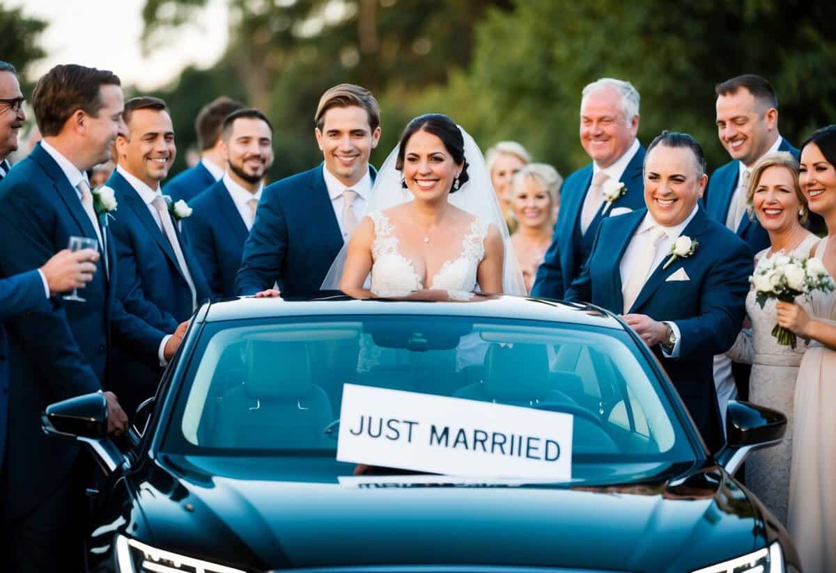 A bride and groom exiting a sleek, modern car with a "Just Married" sign, surrounded by their smiling wedding guests