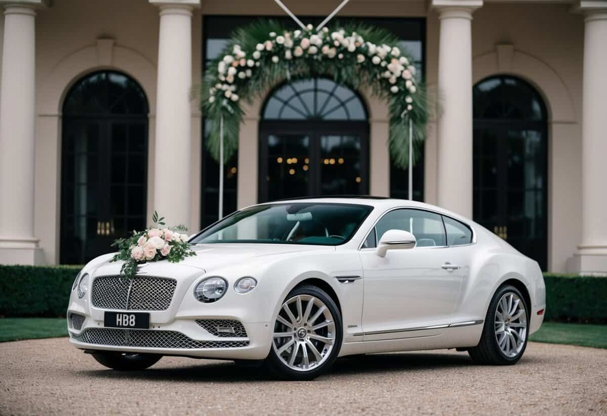 A sleek, white luxury car with floral decorations parked outside a grand wedding venue