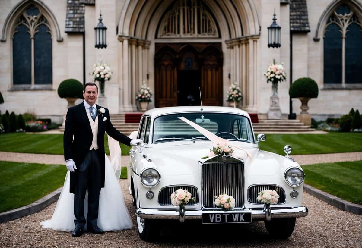 A vintage car parked outside a grand church, with ribbons and flowers adorning the vehicle. A chauffeur stands nearby, ready to drive the newlyweds to their reception
