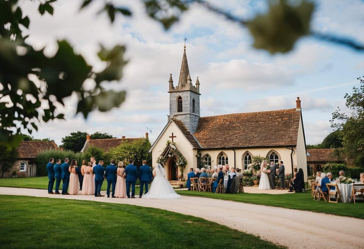 A quaint countryside church with floral decor, a small gathering of loved ones, and a cozy reception in a charming village hall