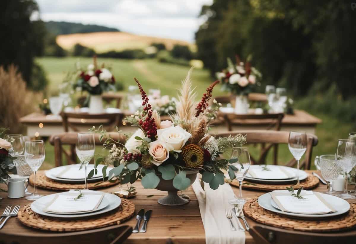 A cozy wedding setup with rustic decor and floral arrangements in a charming countryside setting