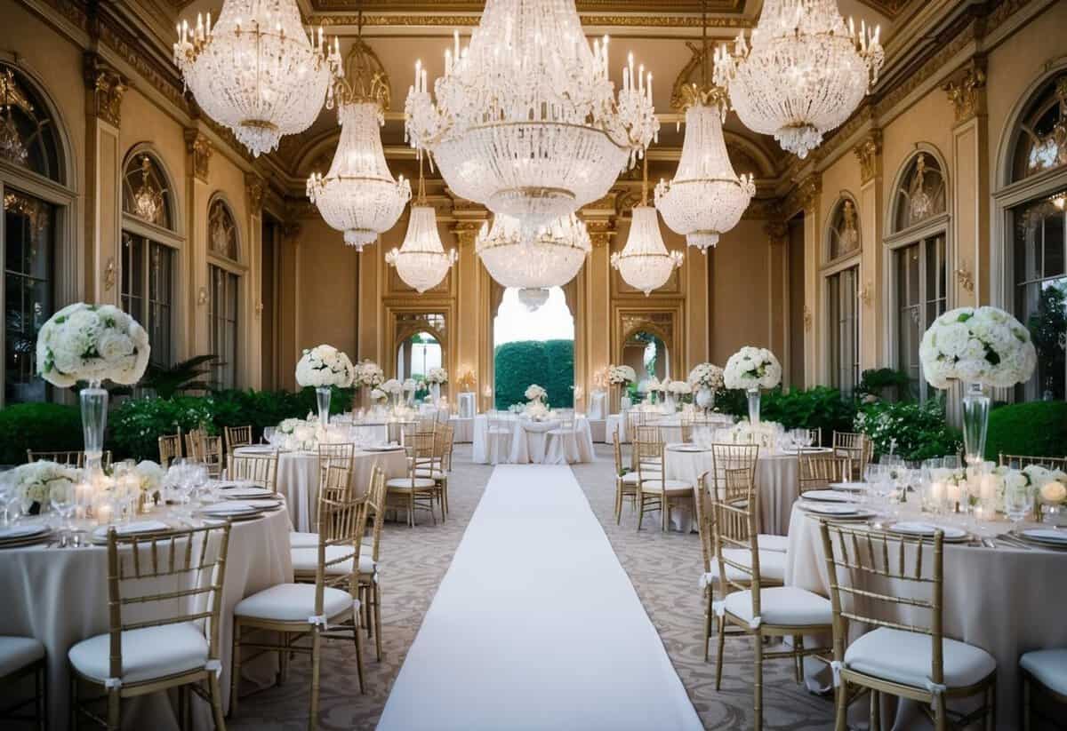 A grand, opulent wedding venue with chandeliers, ornate decor, and expansive gardens
