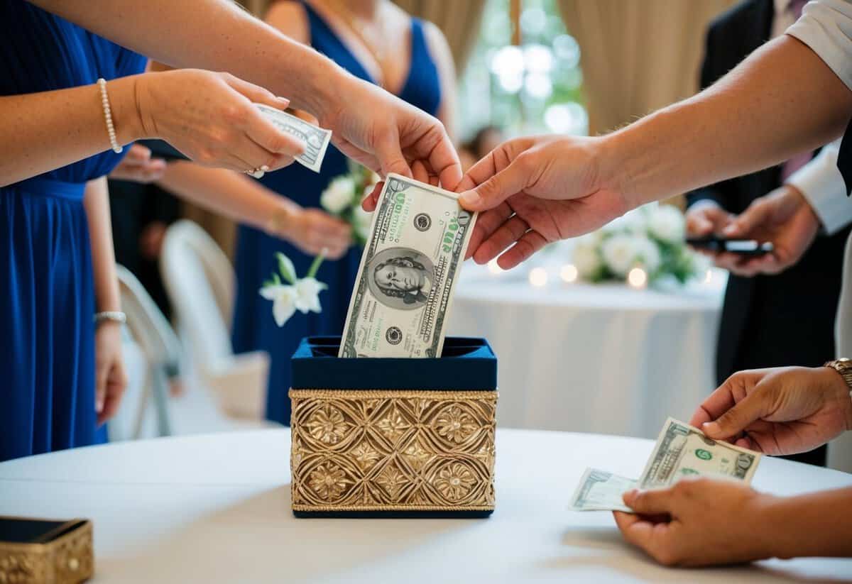 Guests hand over cash or checks at a wedding reception. A decorative box or envelope is used to collect the payments