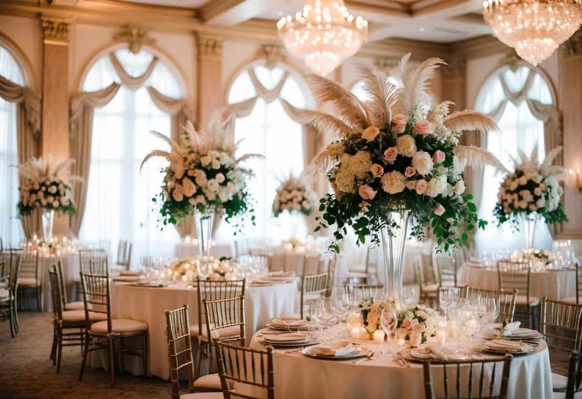 A lavish wedding venue with ornate decorations and extravagant floral arrangements
