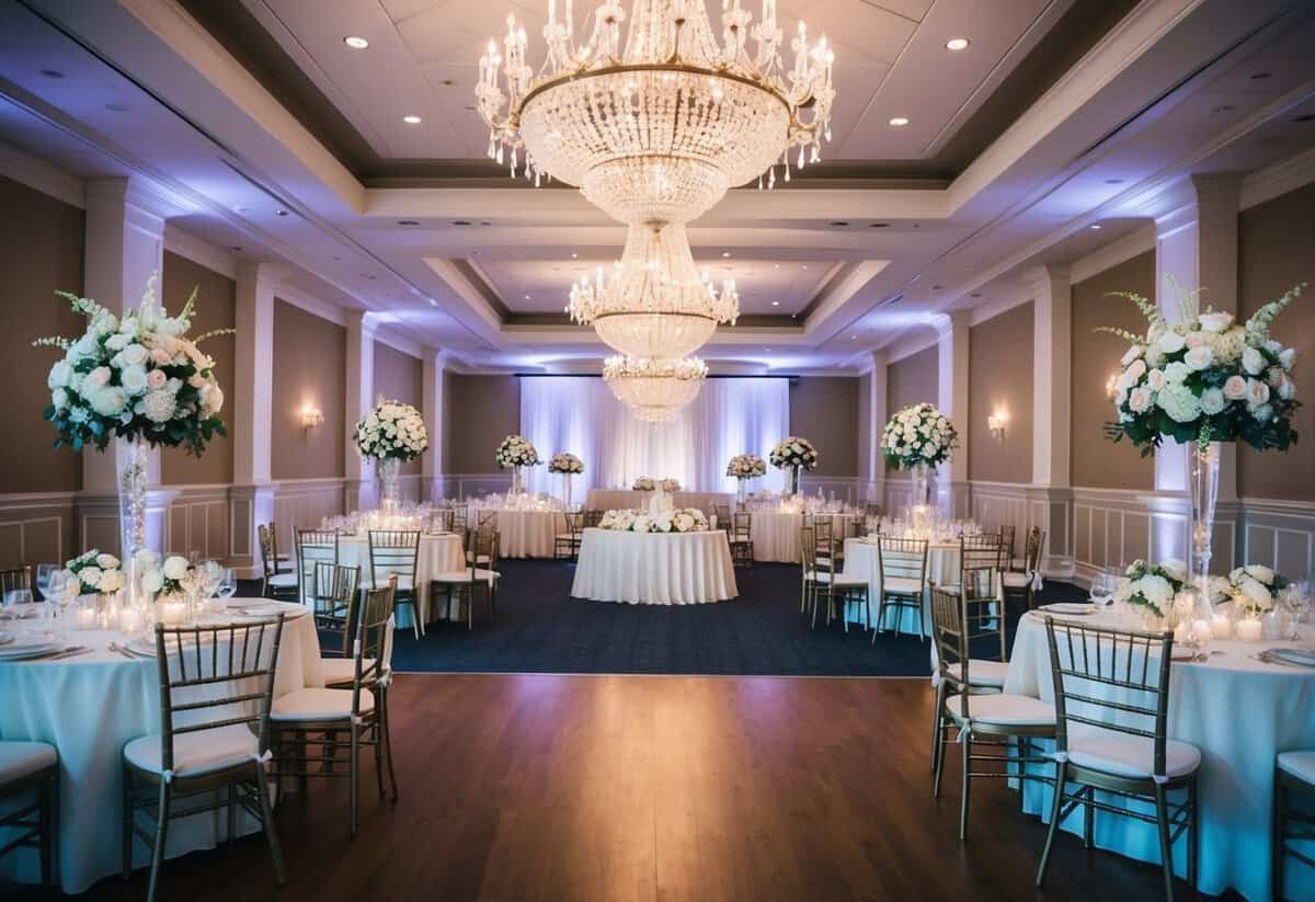 A grand wedding venue with elegant decor, chandeliers, and floral arrangements. A spacious hall with seating and a dance floor