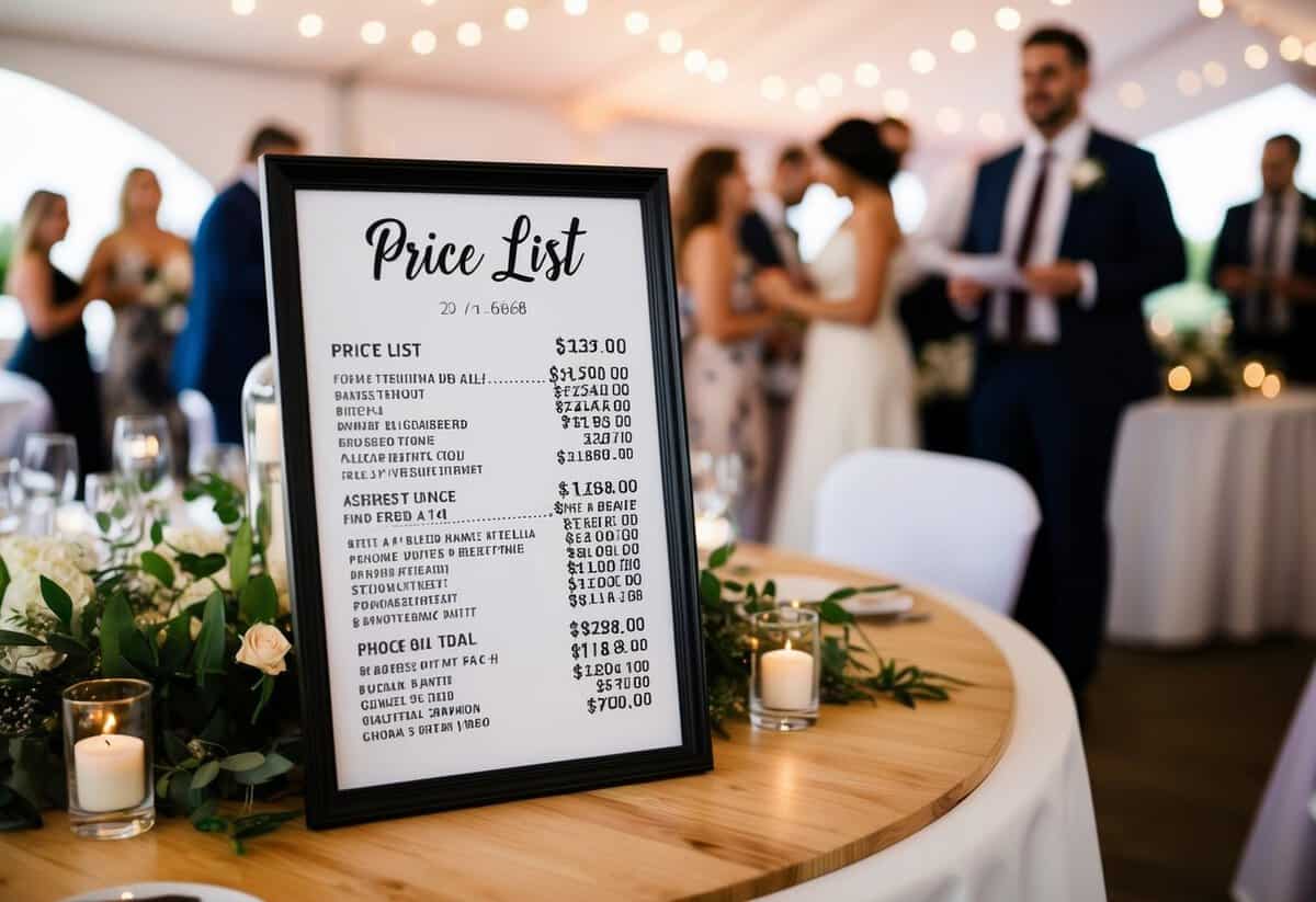 A wedding reception with a price list displayed for guests to see