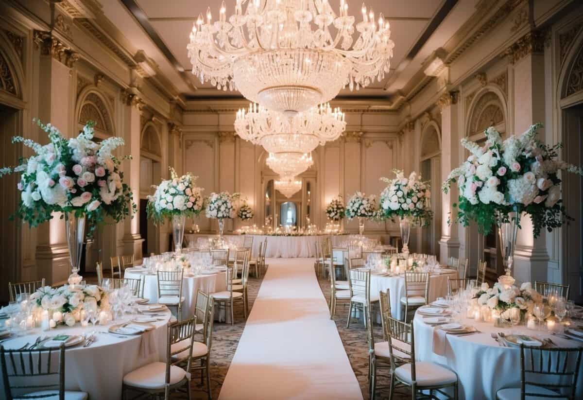 A grand, opulent ballroom with crystal chandeliers and intricate floral arrangements, set with elegant tables and chairs for a luxurious wedding reception