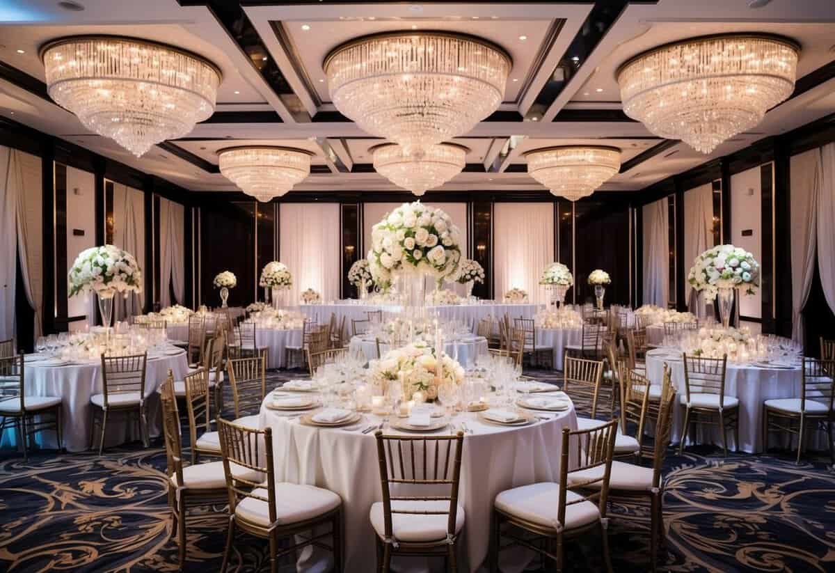 A lavish wedding venue with opulent decorations and a grand banquet set-up, showcasing the most expensive cost of a wedding