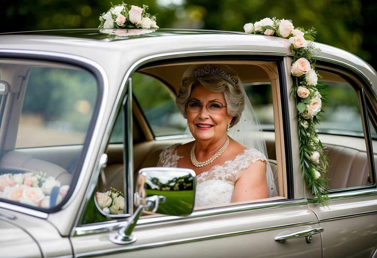 The mother of the bride steps into the elegant wedding car, adorned with flowers and ribbons, ready to accompany her daughter on her special day