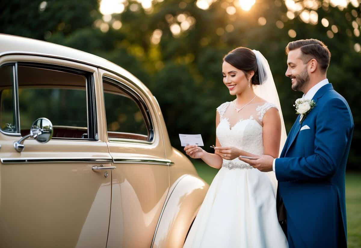 A bride and groom stand beside a classic car, exchanging payment with a chauffeur