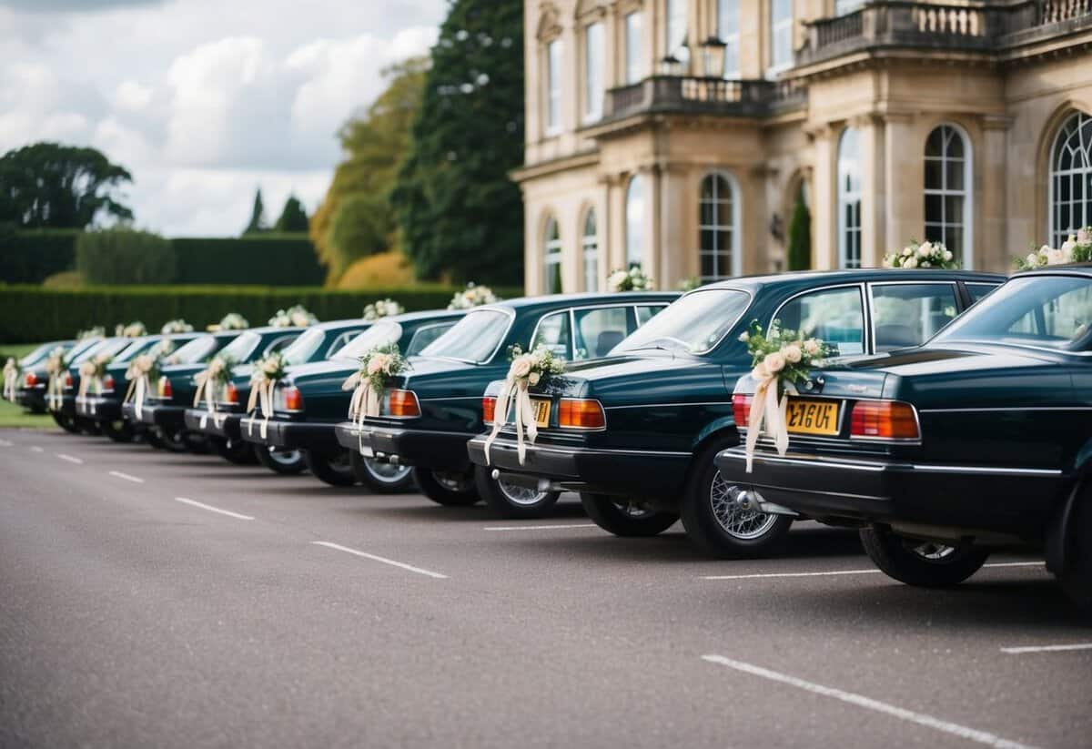 A line of elegant cars parked outside a grand venue, decorated with ribbons and flowers, ready for a wedding procession