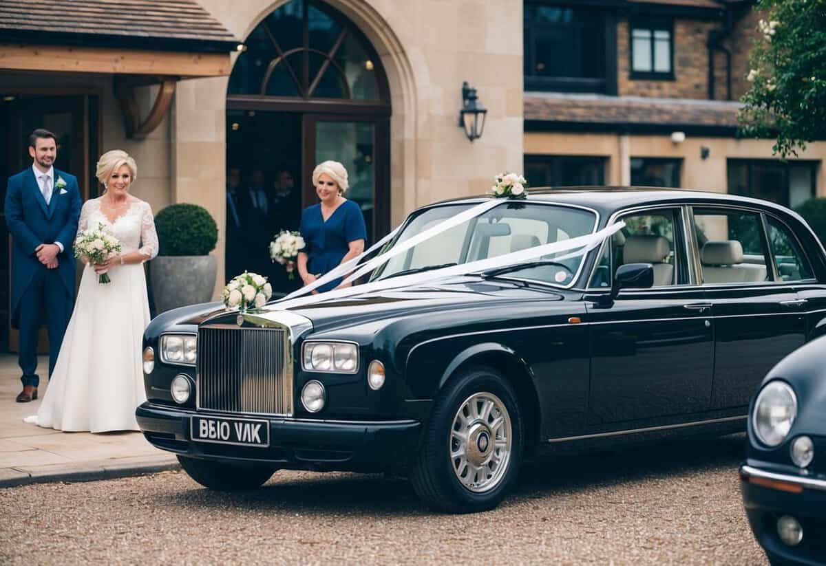A sleek wedding car waits outside the venue, adorned with ribbons and flowers. The mother of the bride stands nearby, considering her transport options