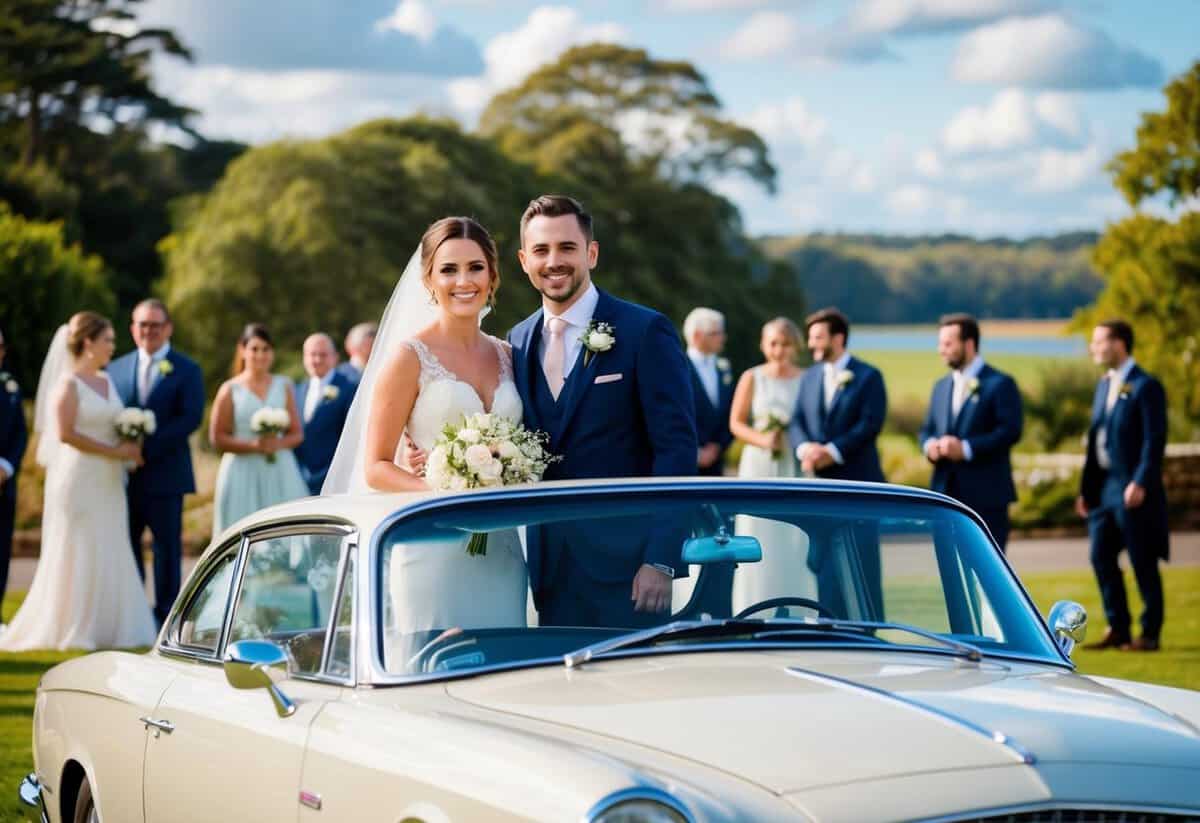 A bride and groom standing in front of a classic car, surrounded by wedding guests and a scenic outdoor setting