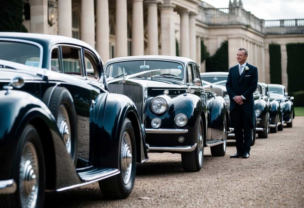 A line of elegant wedding cars parked outside a grand venue, with a chauffeur standing by one of the vehicles, ready to assist