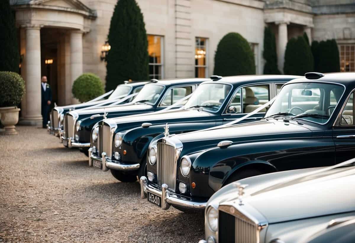 A line of elegant wedding cars parked outside a grand venue, ready to transport the bridal party and guests
