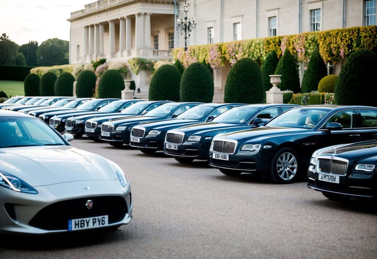 A line of elegant cars waiting outside a grand venue, ready to transport guests to a wedding