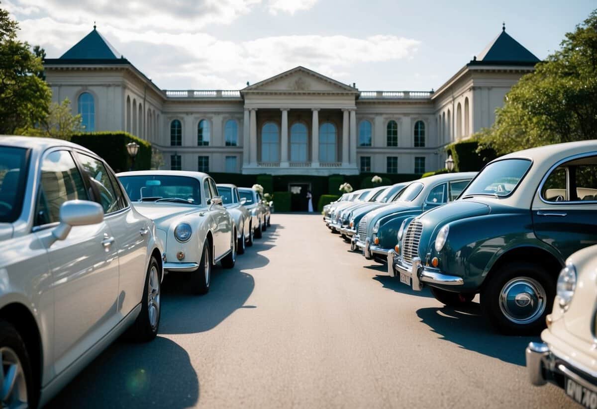 A line of elegant cars parked in front of a grand venue, ready to transport wedding guests
