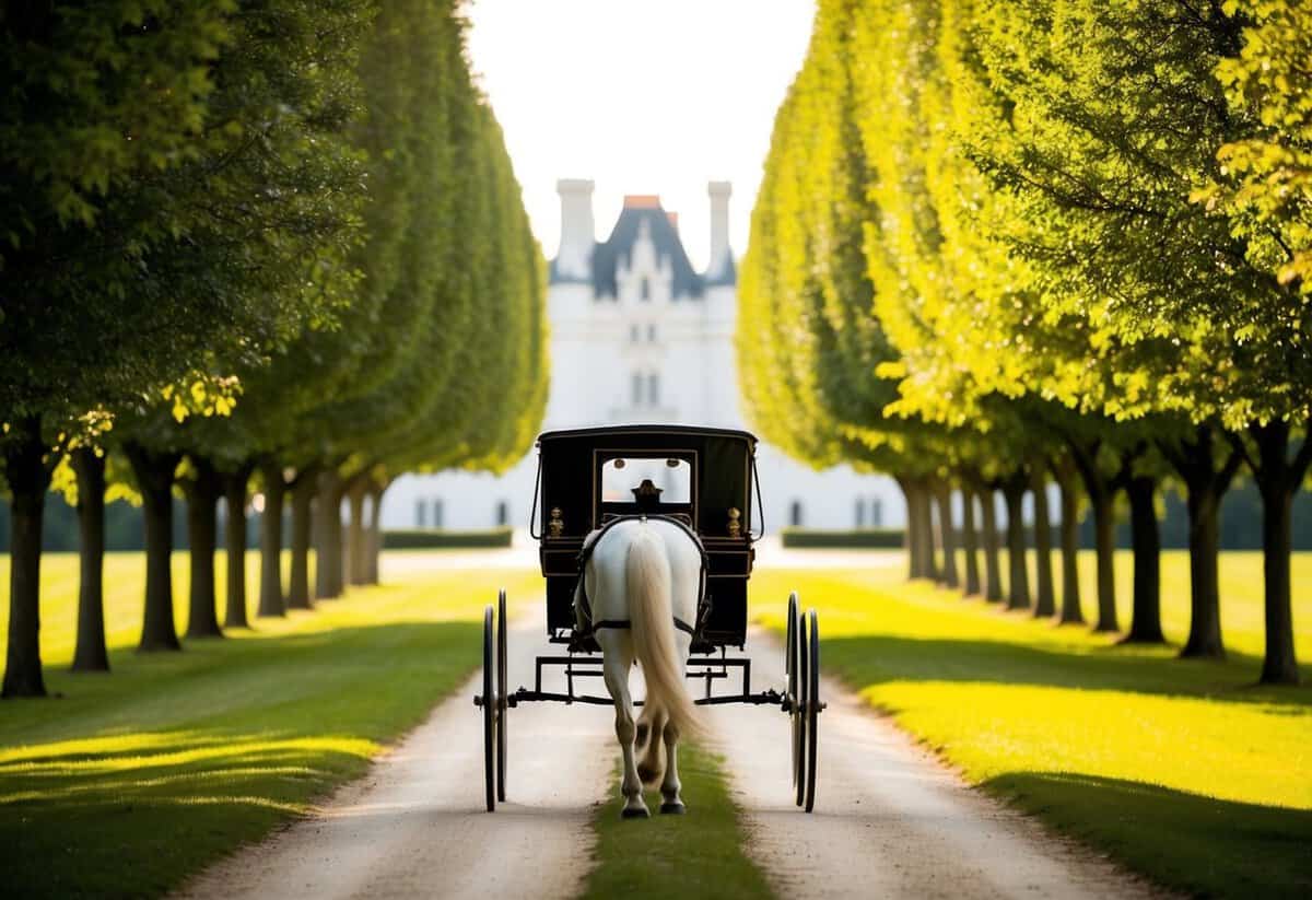 A white horse-drawn carriage travels down a tree-lined path towards a grand, sunlit castle